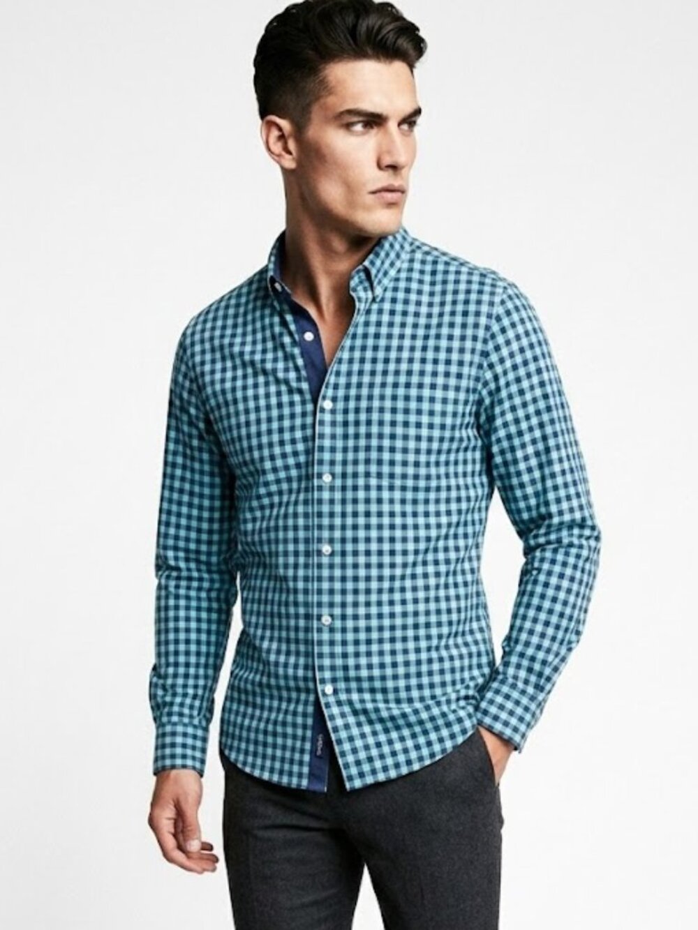 George Men’s Blue Checkered Button‑Down Dress Shirt Long Sleeve Size Large 42‑44